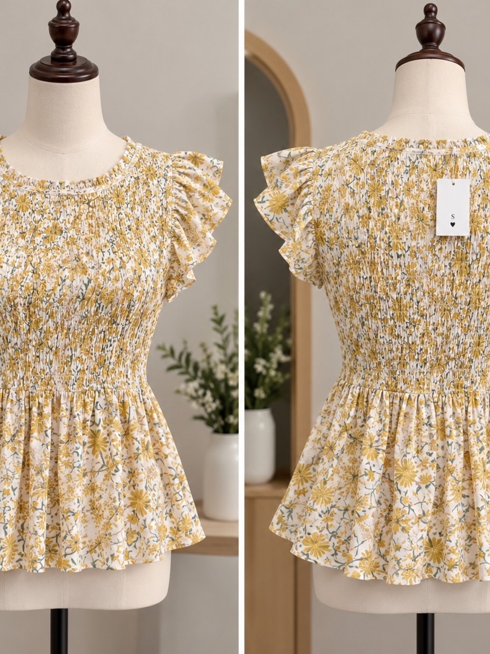 Pilcro Yellow Floral Smocked Peplum Flutter Sleeve Top